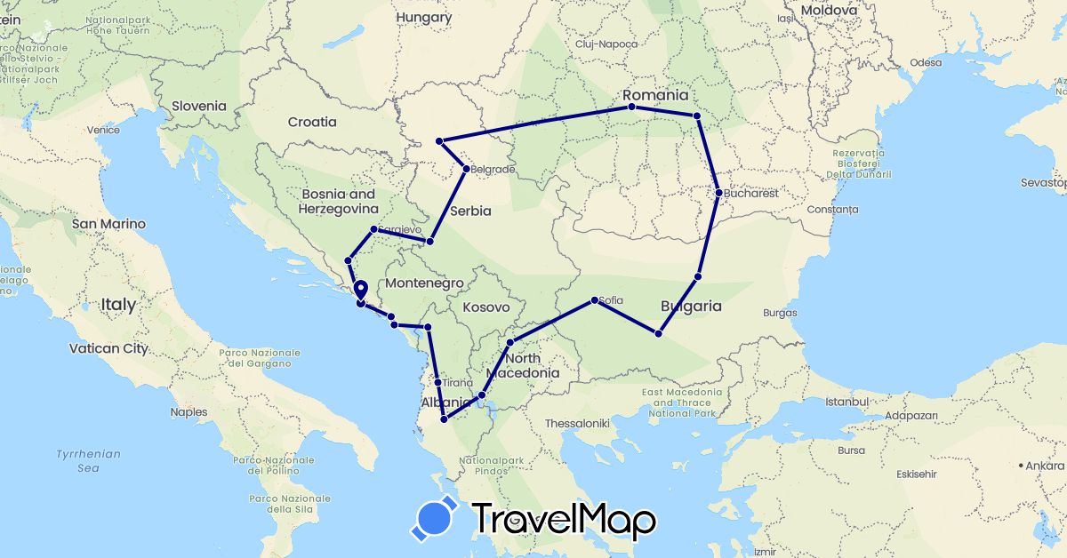 TravelMap itinerary: driving in Albania, Bosnia and Herzegovina, Bulgaria, Croatia, Montenegro, Macedonia, Romania, Serbia (Europe)